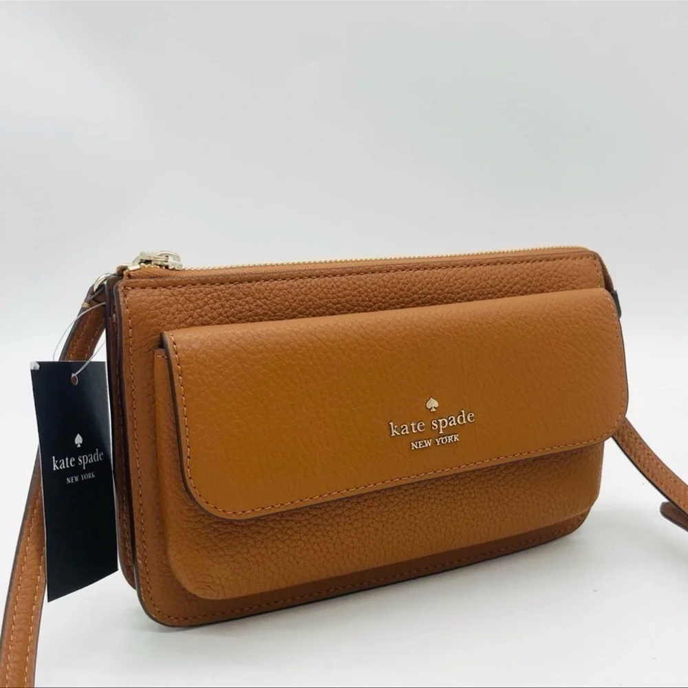 Kate Spade Leila Pebbled Leather Small Flap Crossbody Bag Brown/Gold (NWT) - Picture 2 of 9